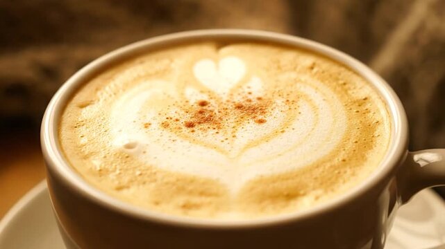 Close up of a delicious cappuccino with latte art heart shape.