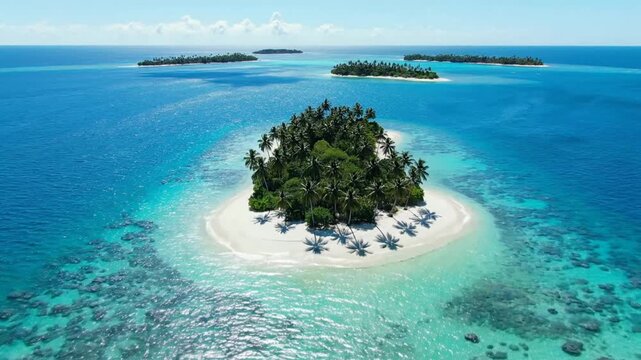 A secluded tropical island surrounded by clear blue ocean water