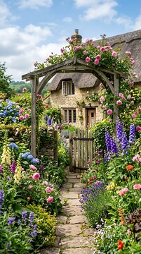 Idyllic stone cottage garden with blooming flowers and wooden arbor