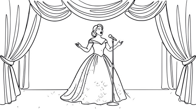 Opera singer performing on stage with microphone and curtains