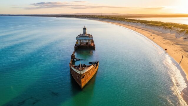 Ghostly maritime monument sunken ship bathed in morning light near tranquil coast