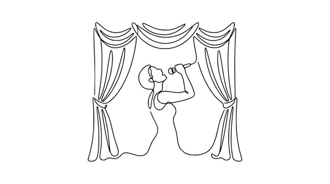 Singer on stage with microphone, one line drawing, minimalist, performance art, curtain background