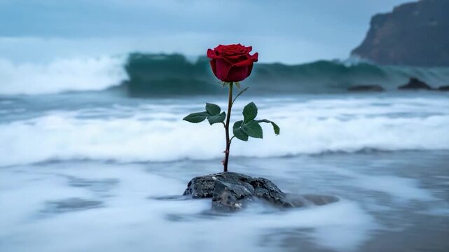 Single red rose in sea, dark foliage, rock, waves, and cliff background