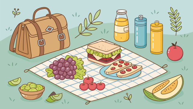 Picnic set with food and drinks on a checkered blanket, including a sandwich, pizza slices, grapes, apple, melon, and a bag in a grassy field