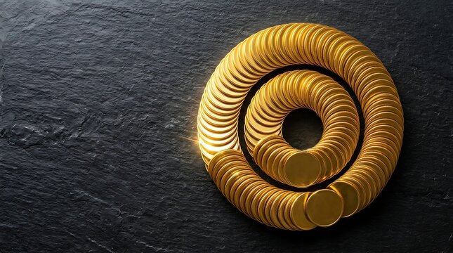 Shiny gold coins arranged in a circular pattern on dark slate