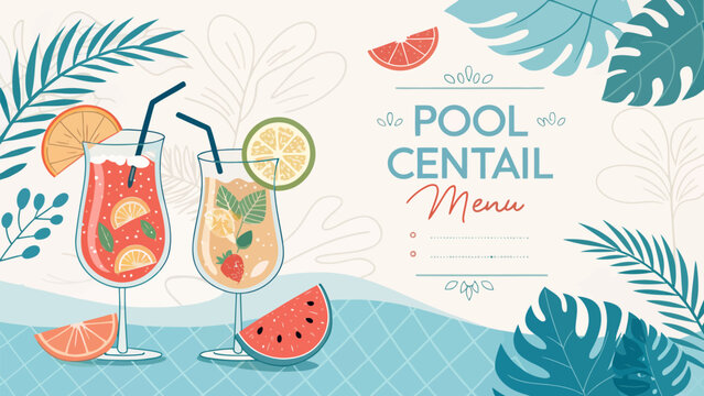 Summer pool cocktail menu design with tropical leaves and fresh fruit drinks