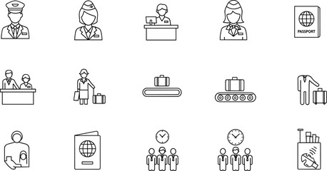 Aviation and airport services line icon set featuring pilot crew flight attendant check in desk luggage travel passport vector illustration © RAJU