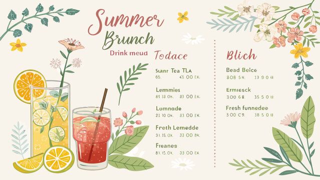 Summer brunch menu design with refreshing cocktails, citrus fruits, and floral decorations on a light background