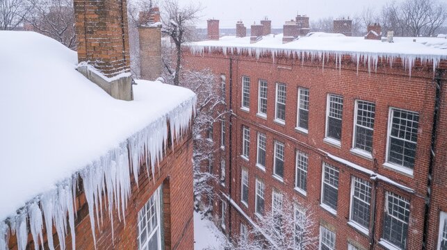 Long Icicles Draped Over Snow-Covered Red Brick Buildings and Rooftops in Cold Winter