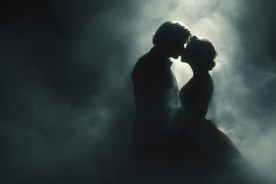 Silhouette of a loving couple embracing in a gothic romantic atmosphere