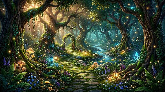 Enchanted woodland path with glowing mushrooms and magical lanterns