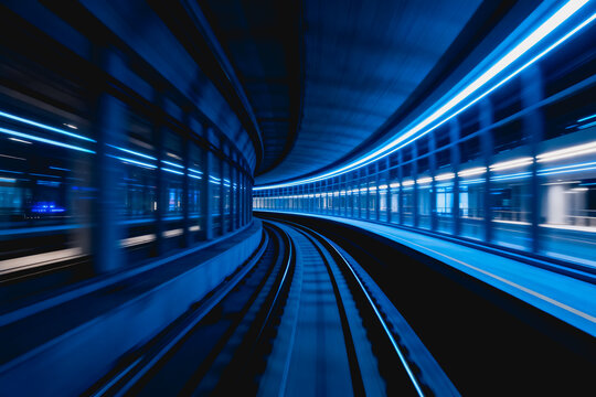 A curved modern subway tunnel with parallel tracks, blue lighting, and a platform, showing a sense of motion and urban transport infrastructure.