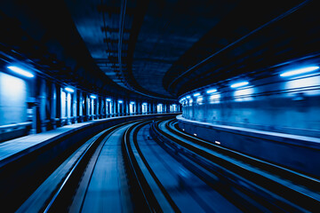 Fototapeta premium An empty curved underground subway tunnel with metal tracks and blue linear lighting along both walls.