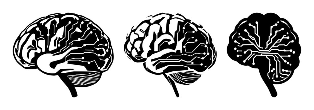 Solid black icon, white background: artificial intelligence brain with circuit lines set with simple line art design featuring simple design, minimalist, black and white with illustrations and grap...