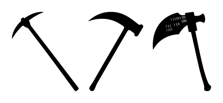 Solid black icon, white background: data mining pickaxe with binary code set with simple line art design featuring sketches, drawings, vector graphics with minimalist and simple illustrations