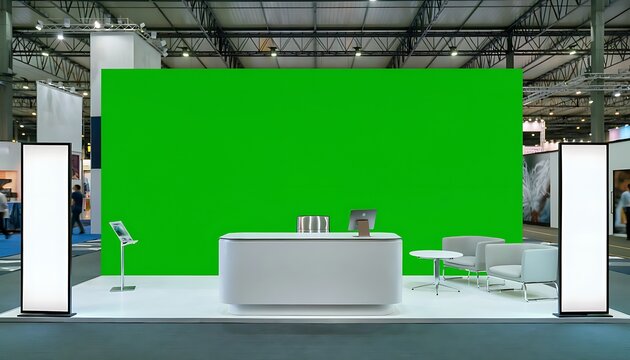 A large green screen display is set up behind a modern white reception desk in an exhibition hall with a chair and lamp on the booth floor.