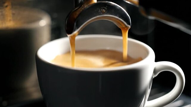 Close up of espresso machine pouring coffee into a white cup, creating a rich, dark brew with a creamy crema.