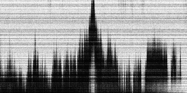 Black and white glitch texture background with vertical lines and analog static noise
