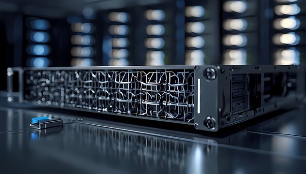 Macro photography of brushed titanium server hardware for tech infrastructure