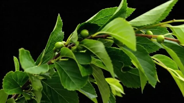 A fresh green leafy branch with small berries isolated on a black background