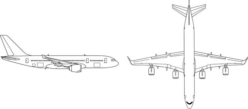 Airplane outline vector illustration with side view and top view technical drawings isolated on a white background