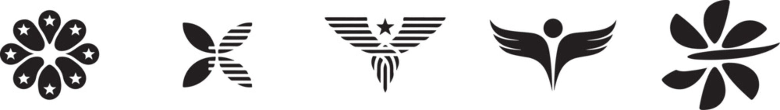 Collection of abstract black graphic design elements and logos with star and wing motifs