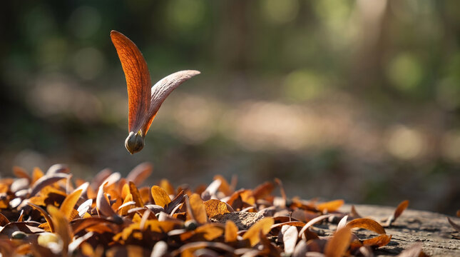 Winged dipterocarp seed falling in mid-air over a pile of dry fallen seeds on a sunny forest floor