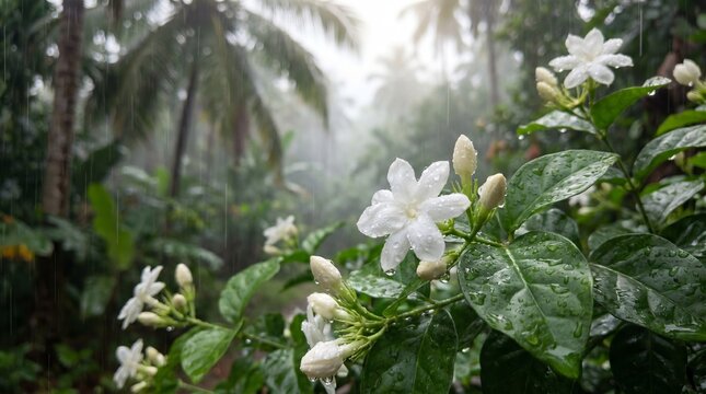 White jasmine flowers and buds with water droplets on green leaves during monsoon rain in a tropical forest background