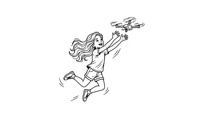Obraz premium Happy Girl Jumping and Catching Drone Black and White Vector Character