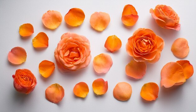Flat Lay Composition Of Vibrant Orange Tea Rose Petals And Sepals Scattered Across A Soft Light Background
