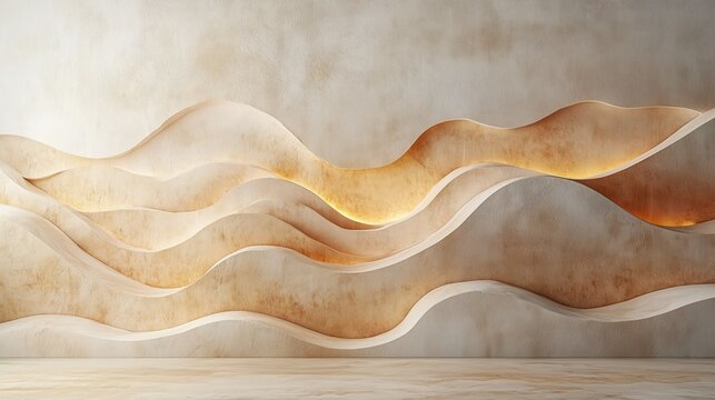 Abstract Terracotta Wave Wall with Organic Curves and Warm Ambient Lighting in Modern Minimalist Interior Design