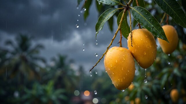Ripe yellow mangoes hanging on a tree branch during monsoon rain with dramatic dark clouds background