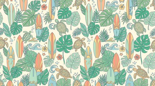 Retro tropical surfing seamless pattern with turtles and leaves