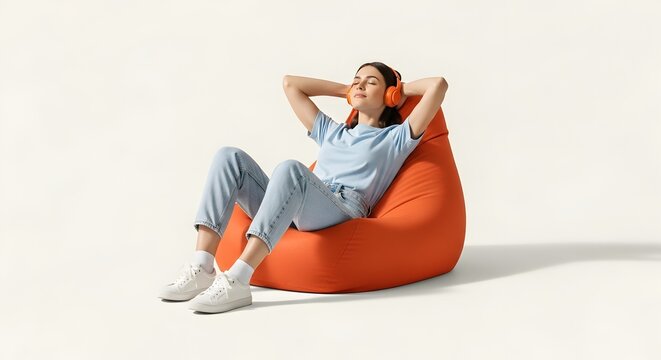 Young woman relaxing on bean bag chair listening music with headphones enjoying leisure time