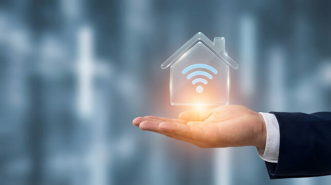 Businessman presenting smart home technology with wi fi symbol