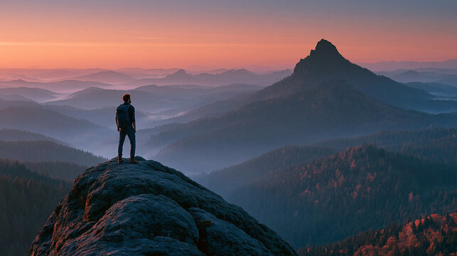 Summit Serenity: A lone figure stands atop a rocky peak, gazing at a breathtaking panoramic vista of misty mountains and a vibrant sunset sky, embodying solitude and achievement.