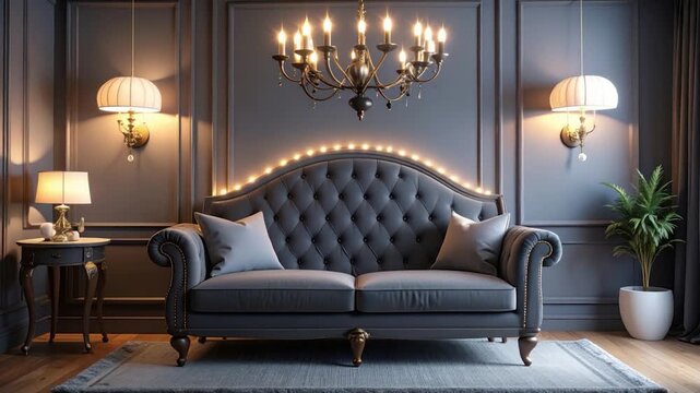 Elegant living room with a tufted sofa, chandelier, and side table