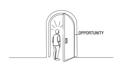 Man stands before open doorway with light and the word OPPORTUNITY, symbolizing a new beginning. © Nur