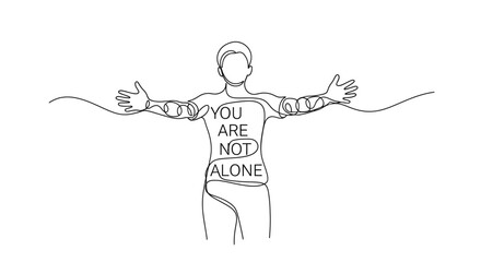 Fototapeta premium Continuous line drawing of a person with arms outstretched, wearing a shirt that says 