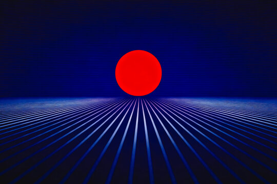 A minimalist abstract digital artwork featuring a bold red circle positioned above converging blue parallel lines on a dark blue gradient background, creating a sense of depth and perspective.
