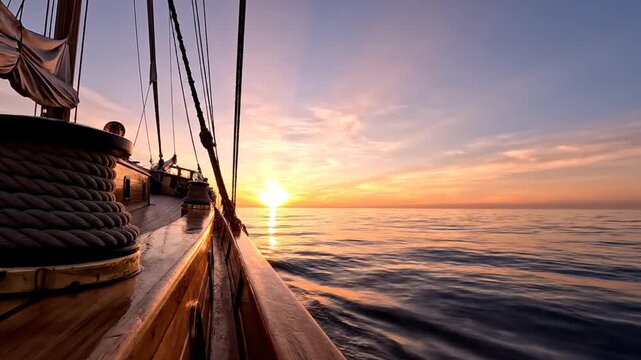 Wooden sailing ship deck view overlooking the ocean at golden sunset.