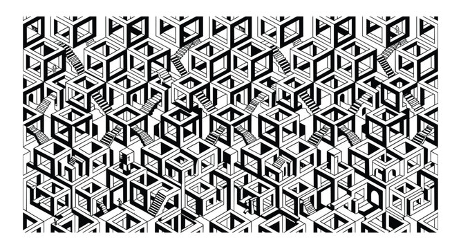 Endless geometric optical illusion pattern with impossible shapes and stairs.