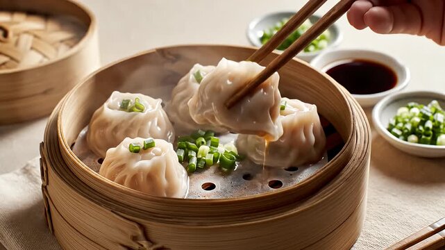 Steamed meat dumplings in traditional bamboo steamer basket.