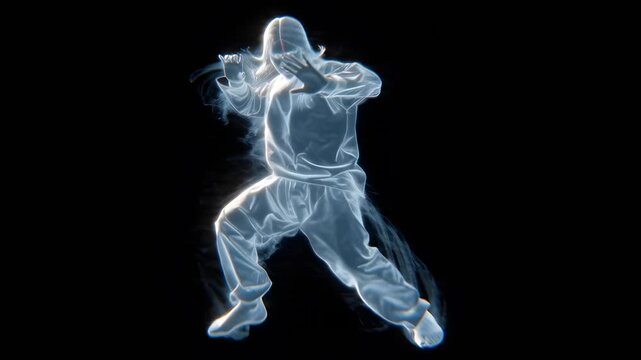 Ethereal glowing martial artist performing dynamic moves in darkness