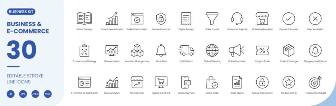E-commerce and business icon line style online shopping marketing sales editable stroke vector set