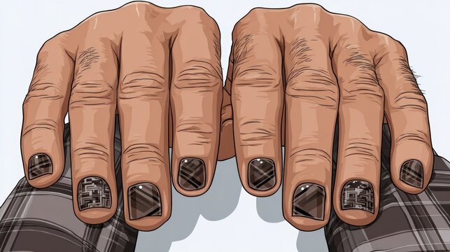 Two hands display darkly colored fingernails adorned with geometric and printed circuit patterns