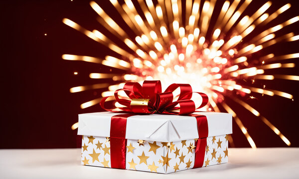 white gift box with golden stars and red ribbon against firework starburst.