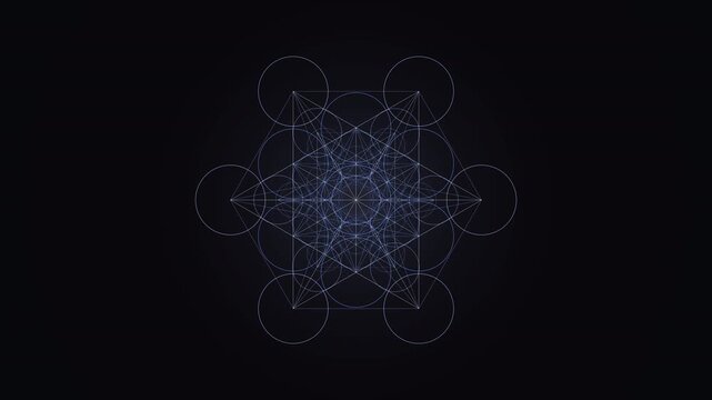 Mesmerizing 4K UHD loop of a glowing deep indigo metatron cube sacred-geometry pattern breathing in radial symmetry with an elegant inner glow. Ideal for meditation background, vj loop. 4K UHD.