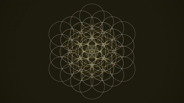 Cinematic 4K seamless loop of a glowing gold flower of life sacred-geometry pattern breathing in radial symmetry in crisp volumetric detail. Ideal for mindfulness, relaxation. 4K UHD.