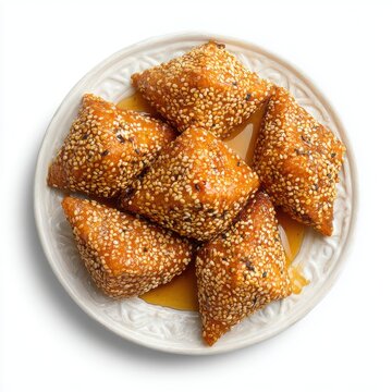 chebakia pastries coated with sesame seeds and honey isolated on a white background